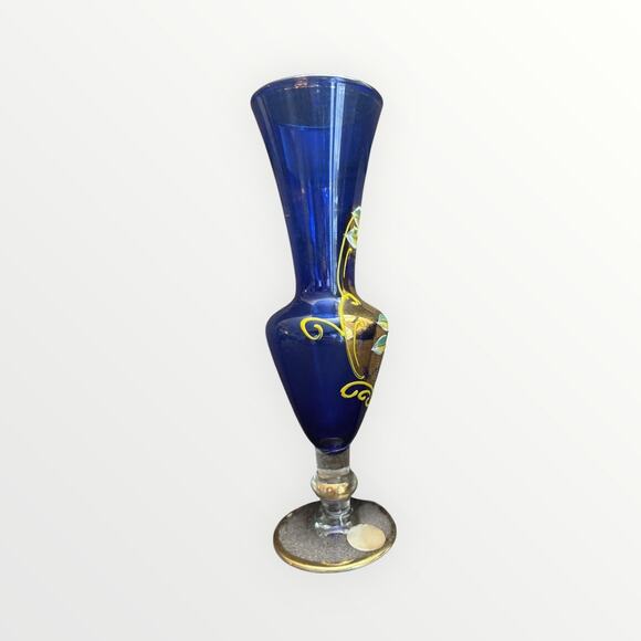 Bohemian Vintage Art Glass Cobalt Blue Hand Painted Enamel Flowers Gilded Vase - Picture 5 of 8